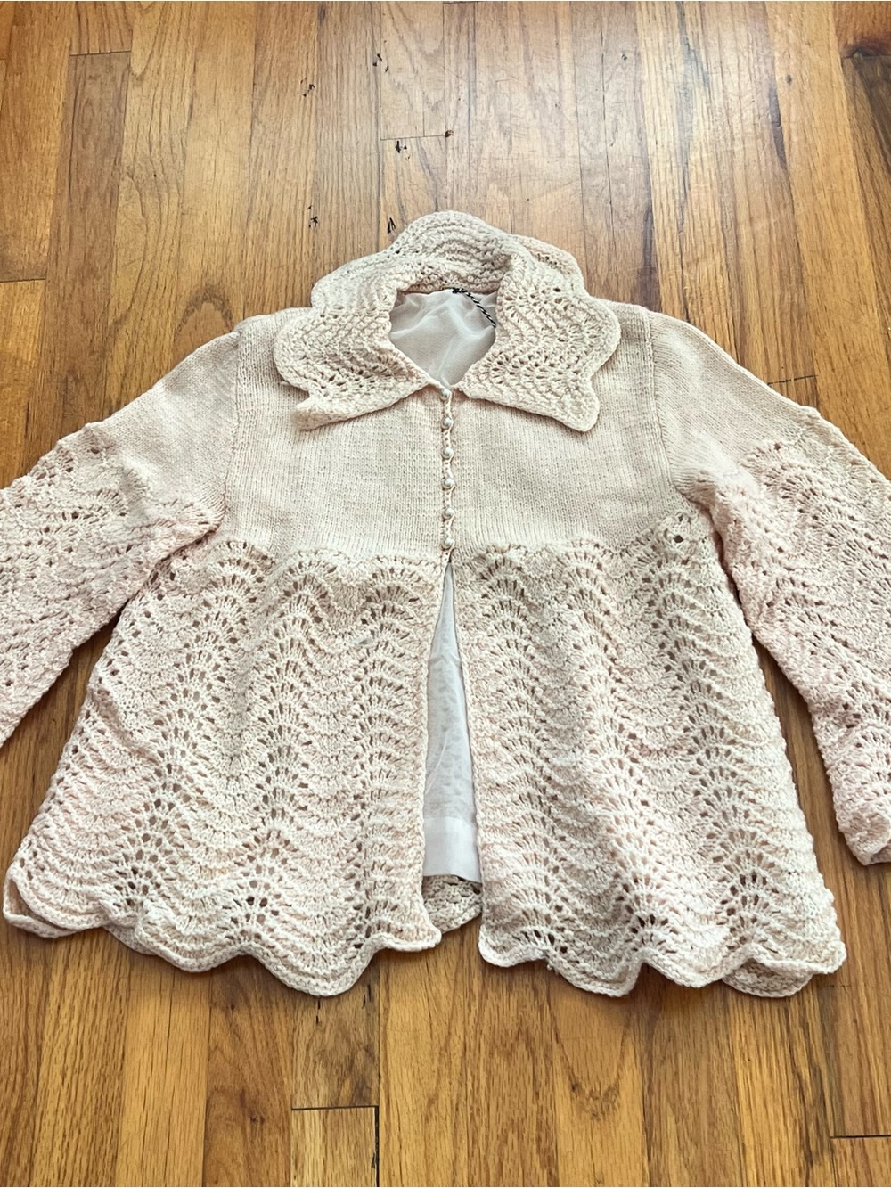 Vintage Crochet-Trim Openwork Cardigan in Pale Pink